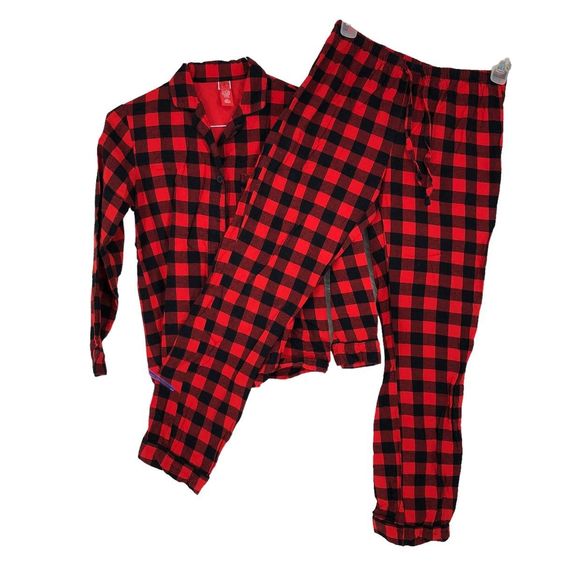 Red Black Buffalo Plaid Flannel Pajama Set XS Long Sleeve Button Top & Pants - Picture 3 of 9